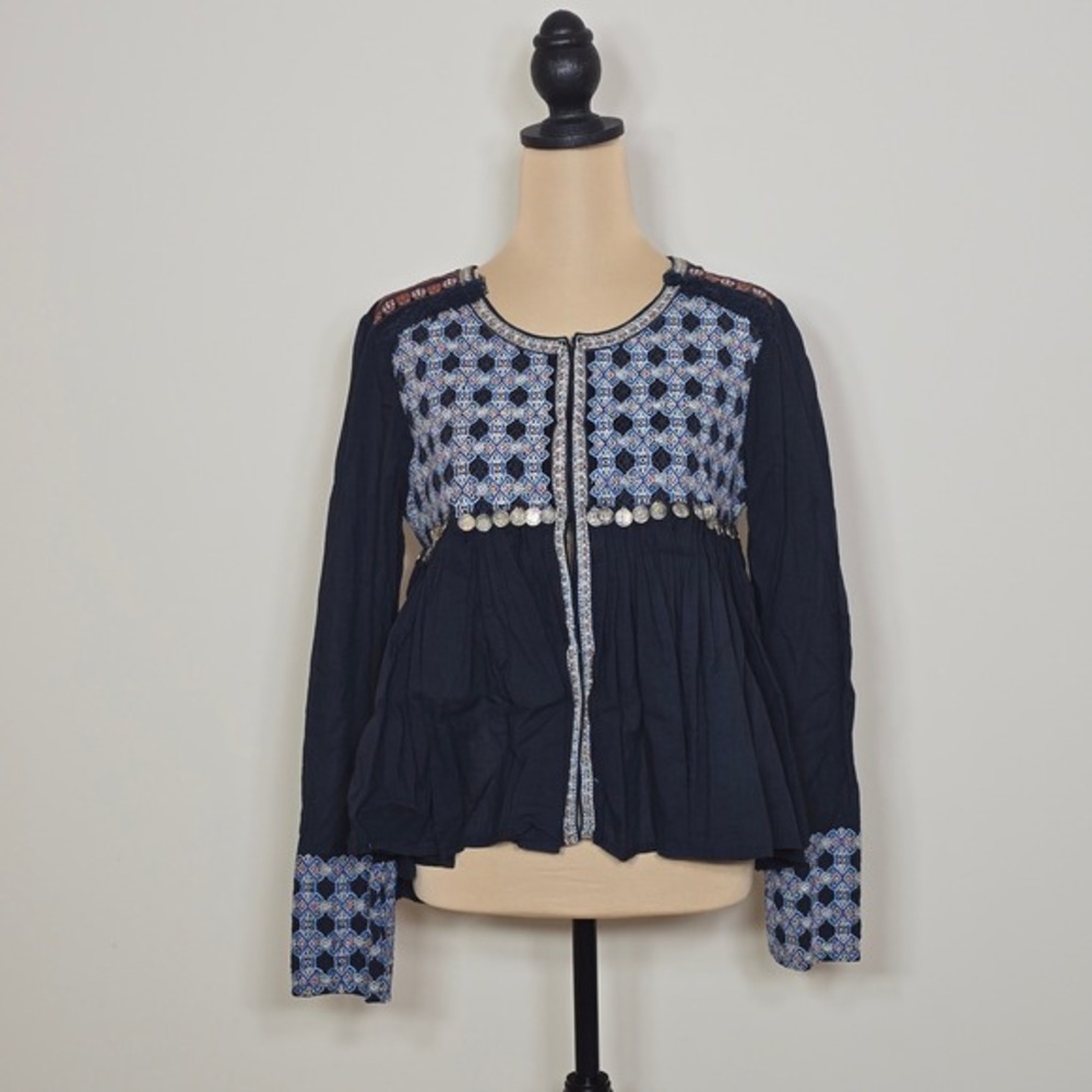 LOVESTITCH Embroidered‎ Jacket Blue Geometric Coin Charms Detail Size S